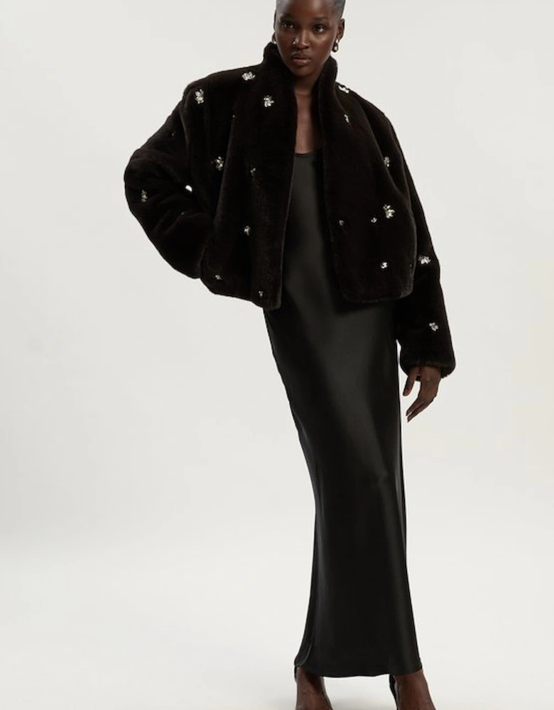 Crystal Embellished Faux Fur Short Coat