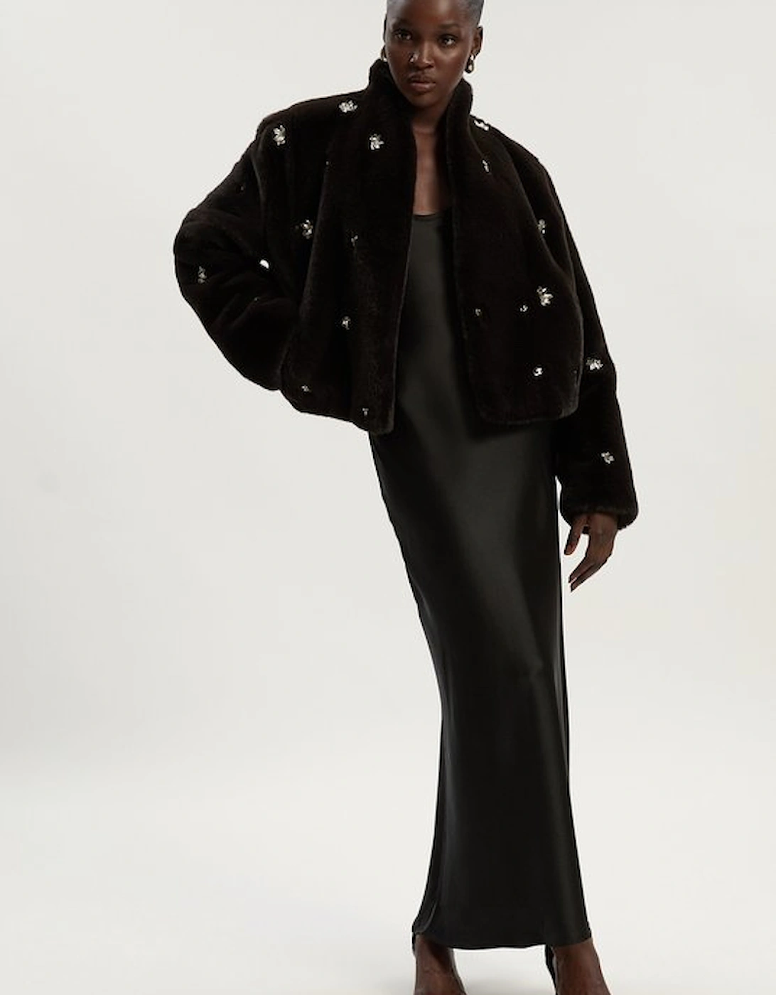 Crystal Embellished Faux Fur Short Coat