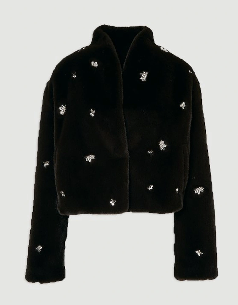 Crystal Embellished Faux Fur Short Coat