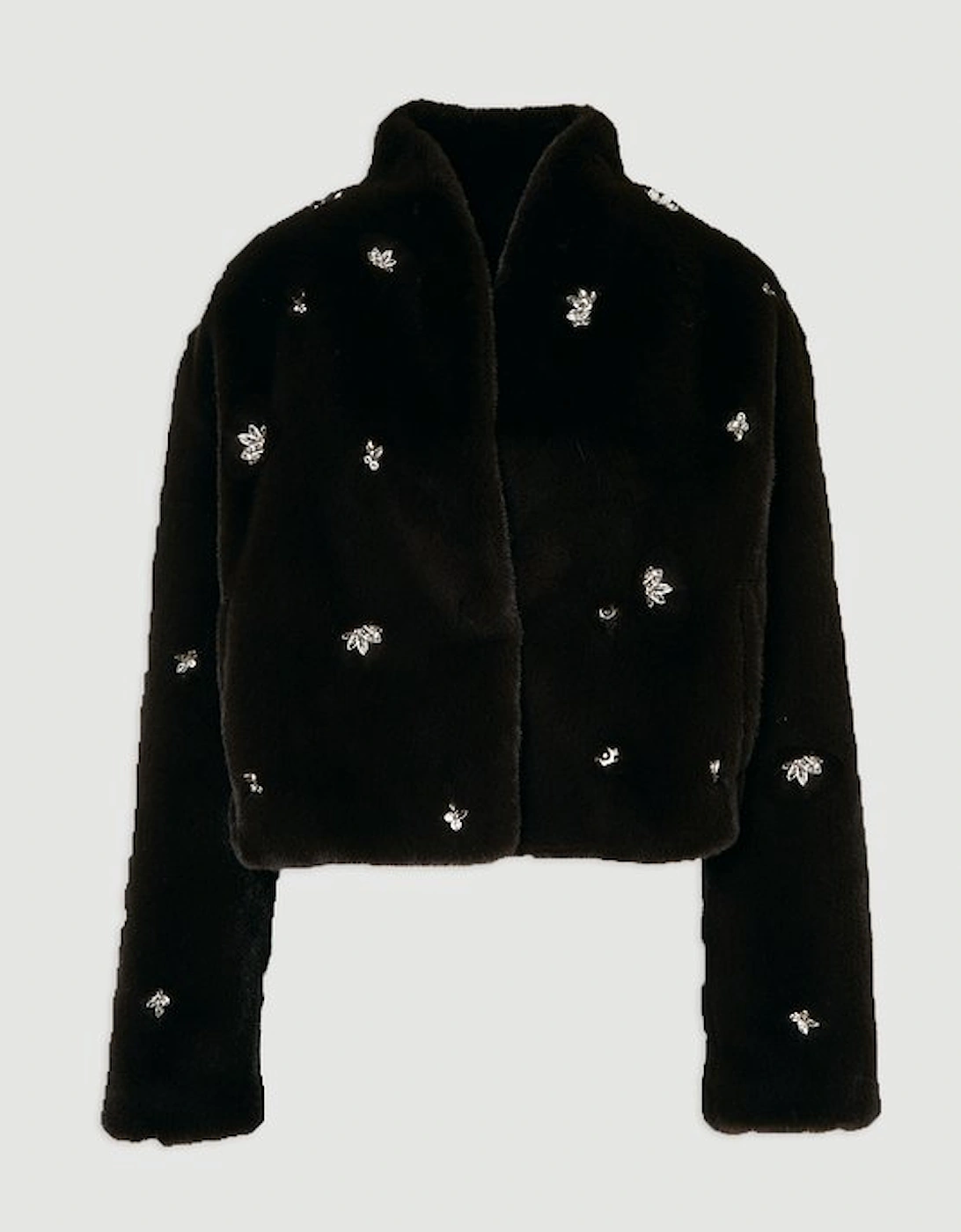 Crystal Embellished Faux Fur Short Coat