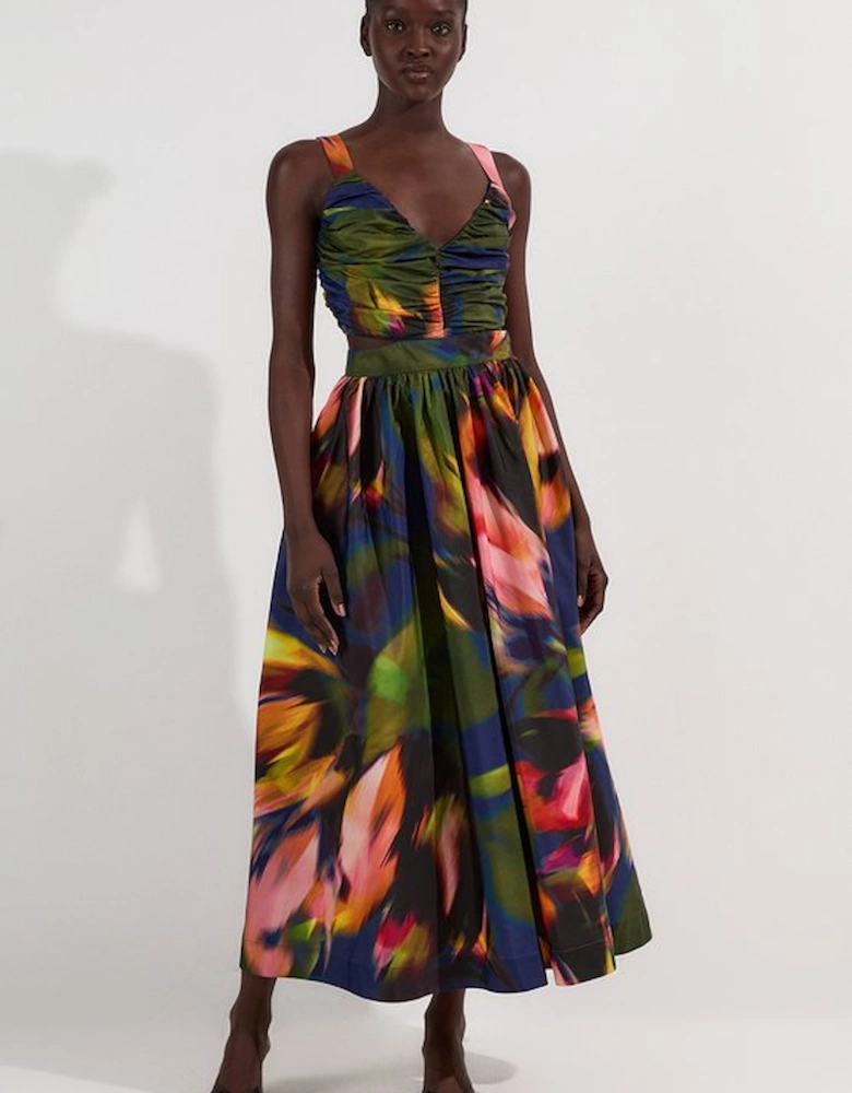 Blurred Floral Drama Woven Taffeta Maxi Dress