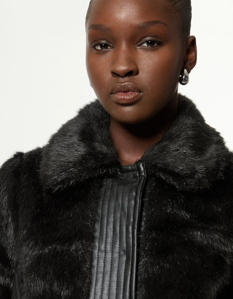 Faux Fur Pu Panelled Belted Cropped Jacket