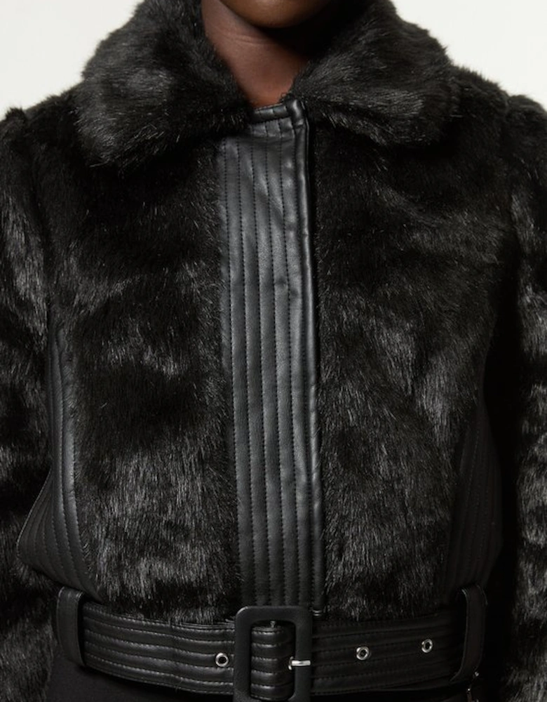 Faux Fur Pu Panelled Belted Cropped Jacket