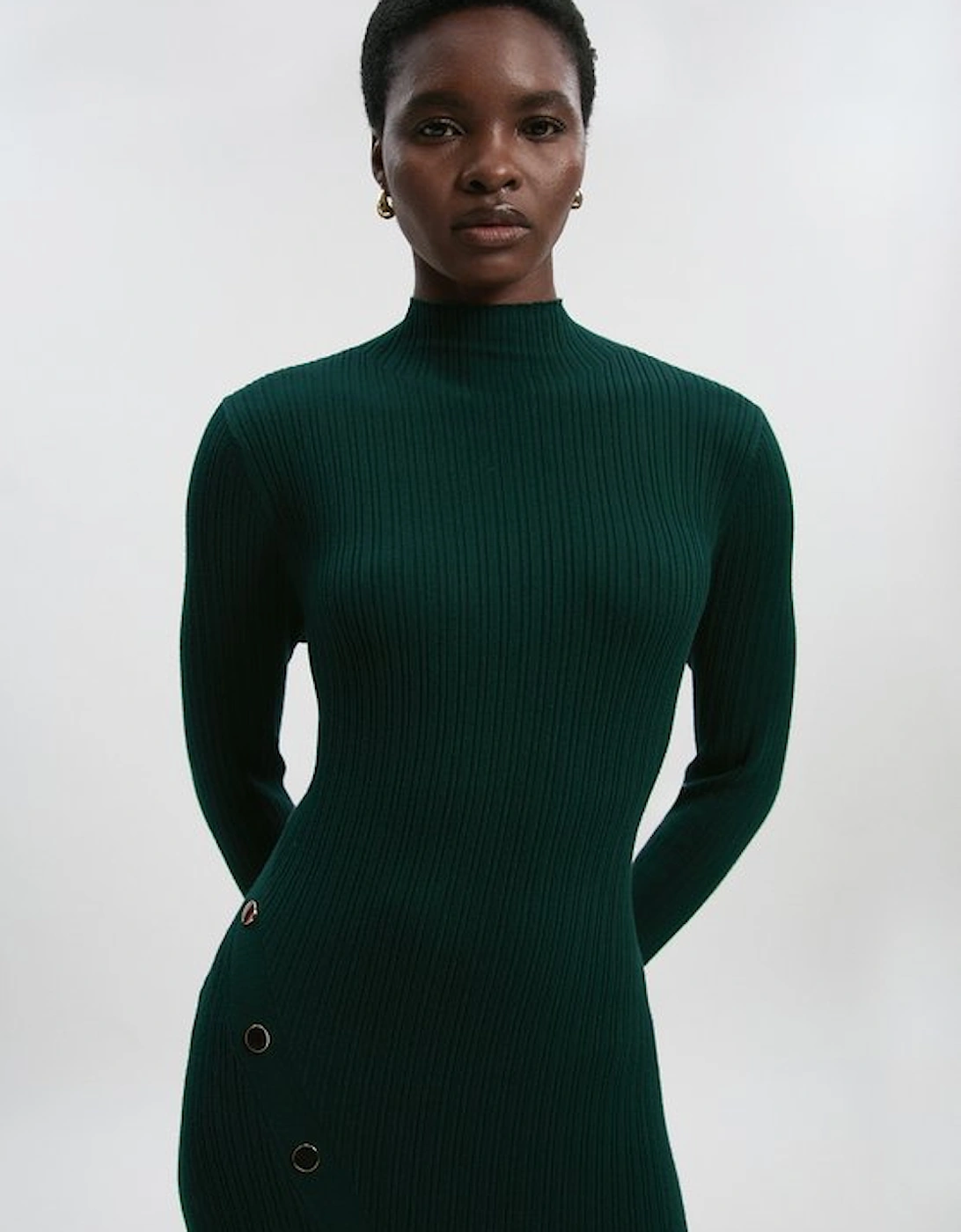 Viscose Blend Popper Detail Split Knit Midi Dress