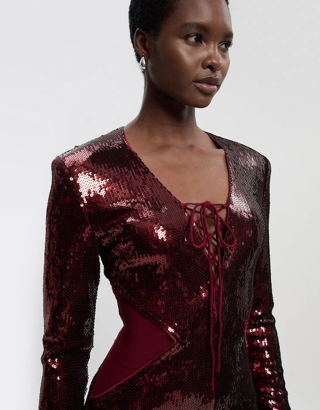 Tall Sequin Power Mesh Lace Up Mini Dress