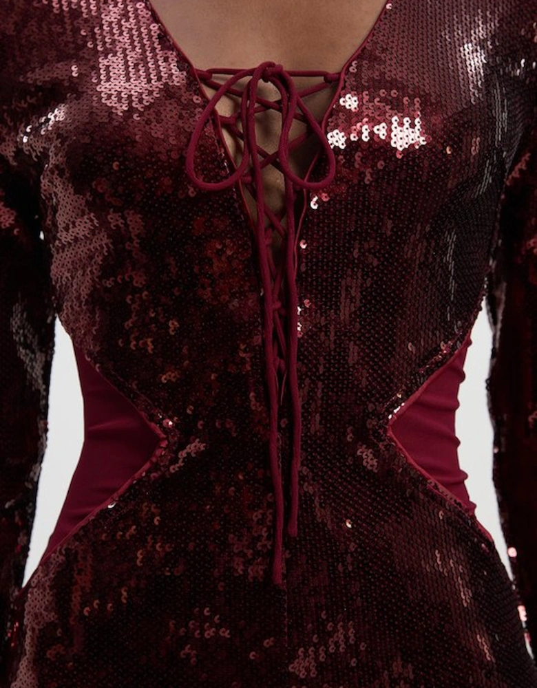 Tall Sequin Power Mesh Lace Up Mini Dress