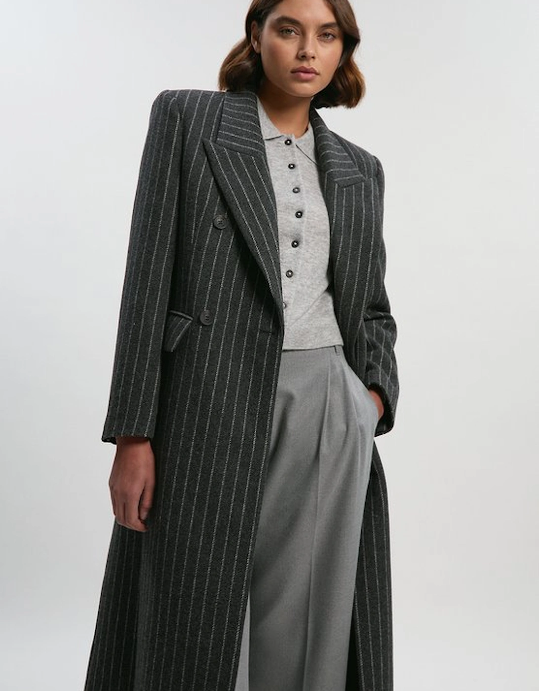 Brushed Wool Pinstripe Oversized Double Breasted Tailored Maxi Coat