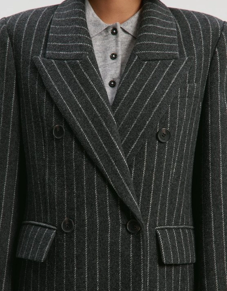 Brushed Wool Pinstripe Oversized Double Breasted Tailored Maxi Coat
