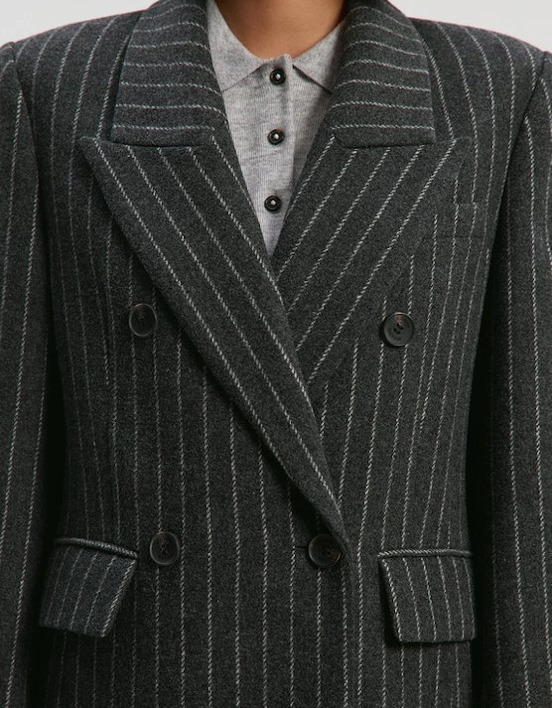 Brushed Wool Pinstripe Oversized Double Breasted Tailored Maxi Coat