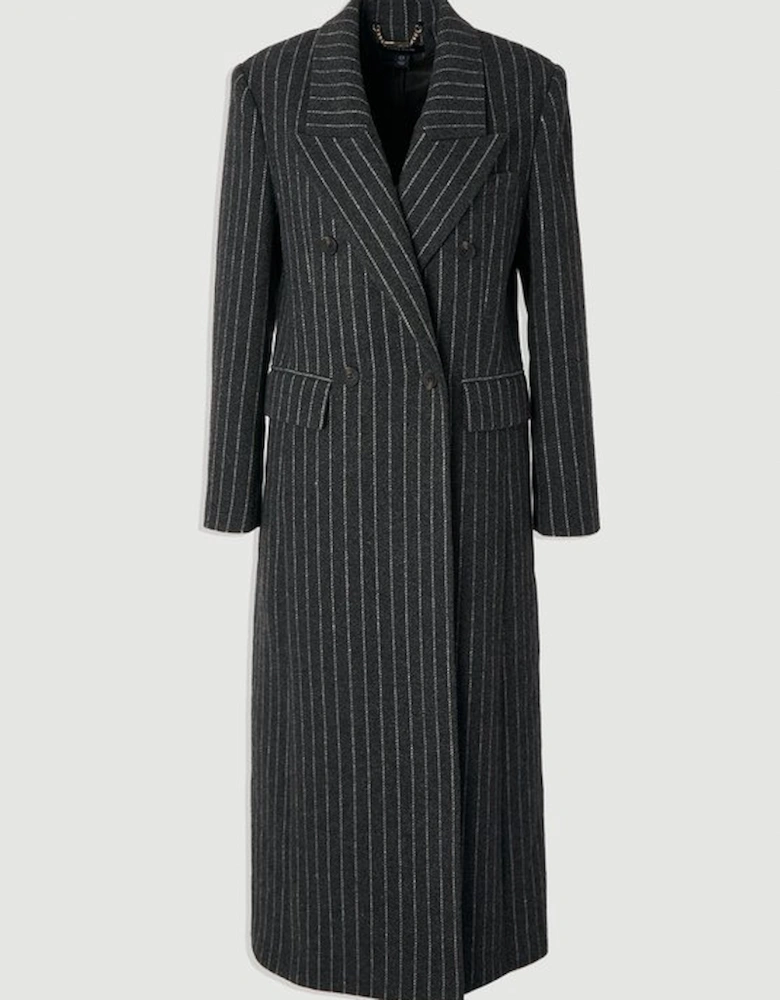 Brushed Wool Pinstripe Oversized Double Breasted Tailored Maxi Coat