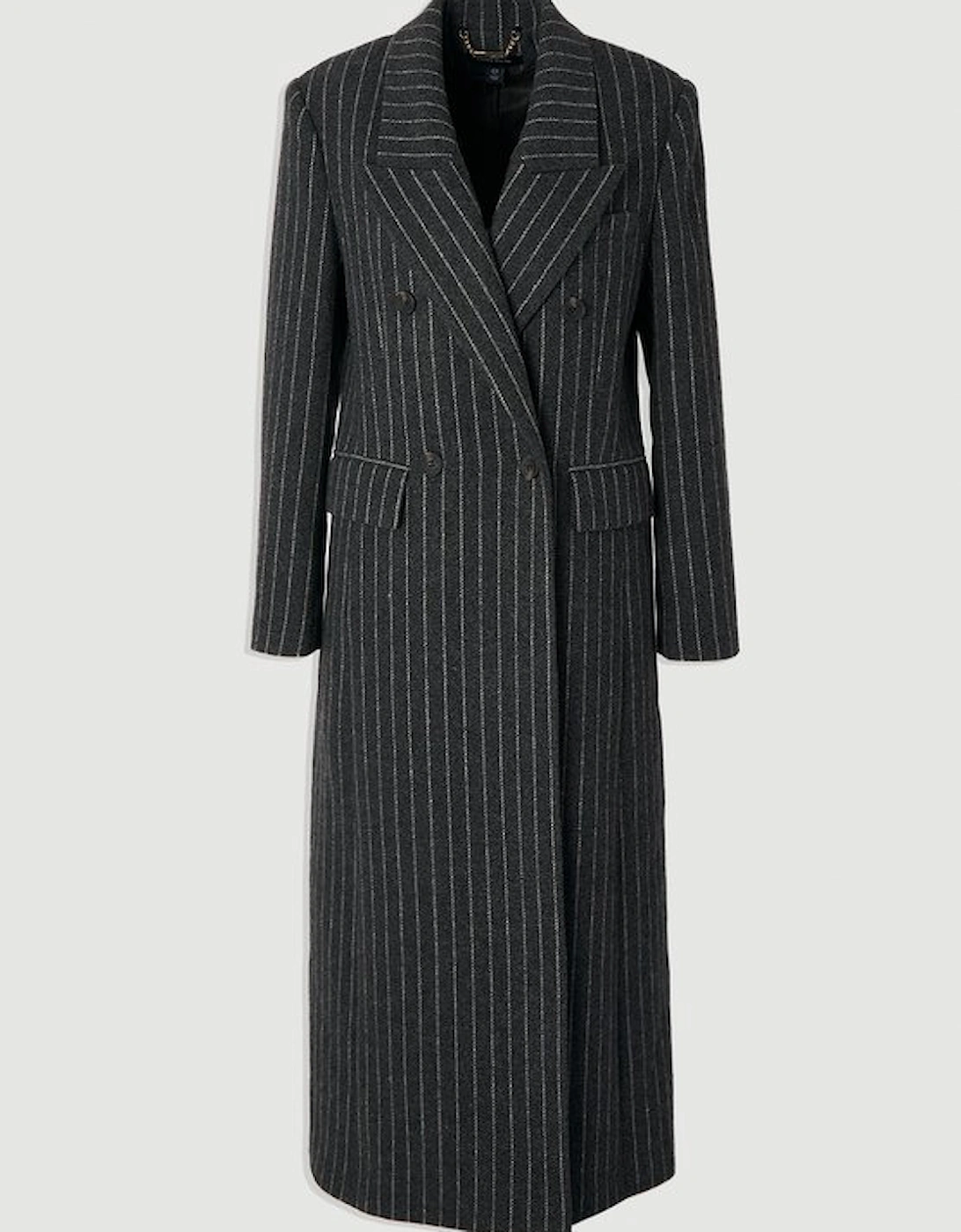 Brushed Wool Pinstripe Oversized Double Breasted Tailored Maxi Coat