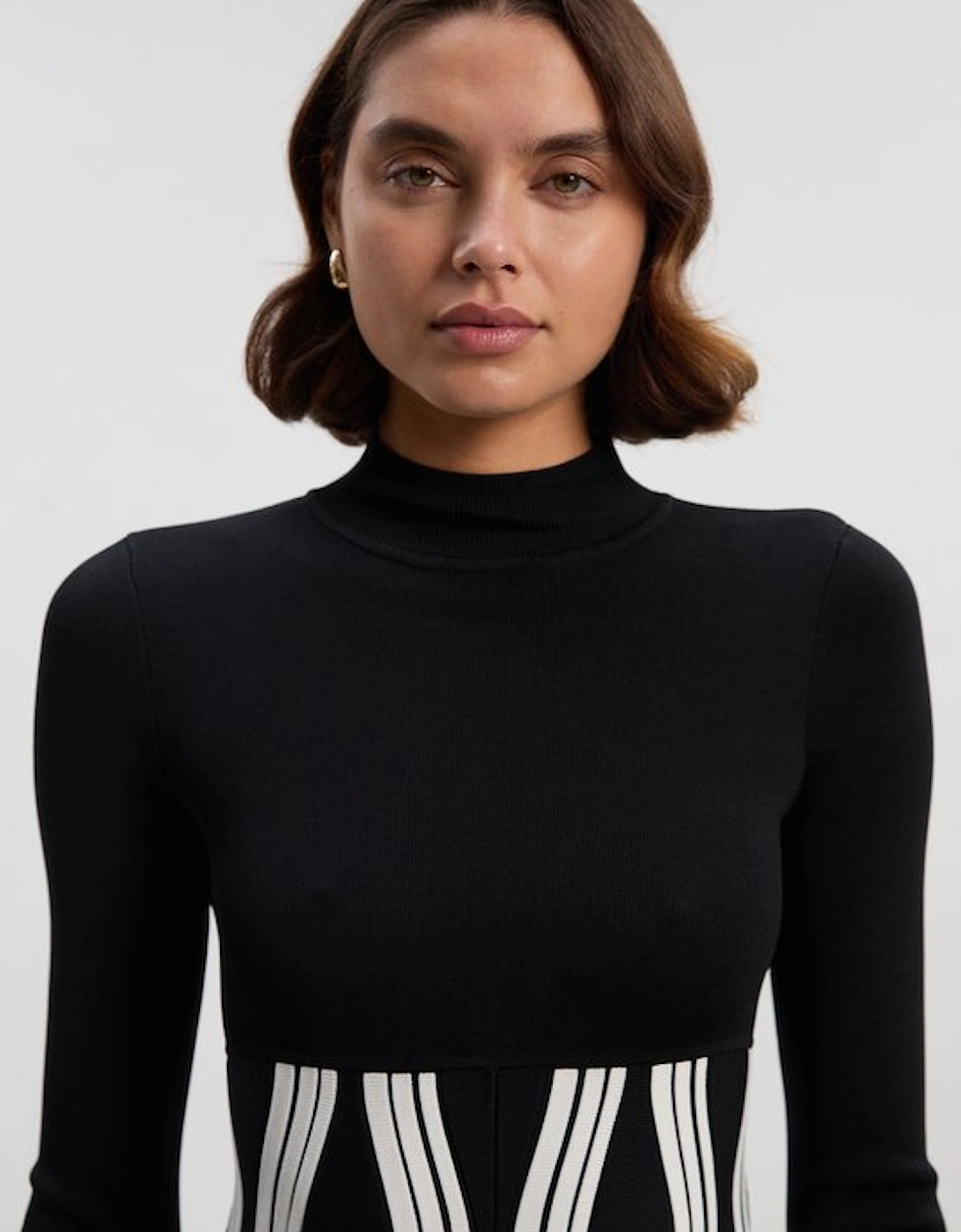 Petite Contrast Wave Knit A-Line Knitted Long Sleeve Dress