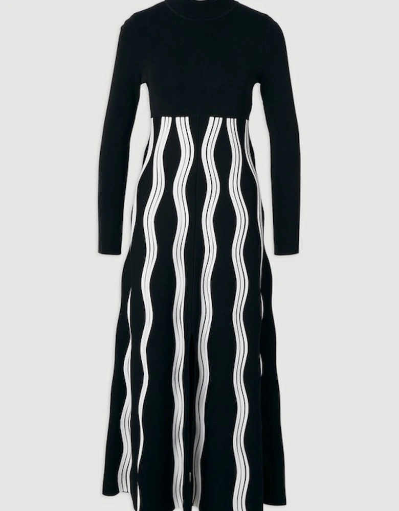 Petite Contrast Wave Knit A-Line Knitted Long Sleeve Dress