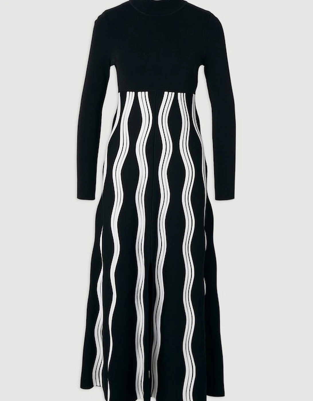 Petite Contrast Wave Knit A-Line Knitted Long Sleeve Dress