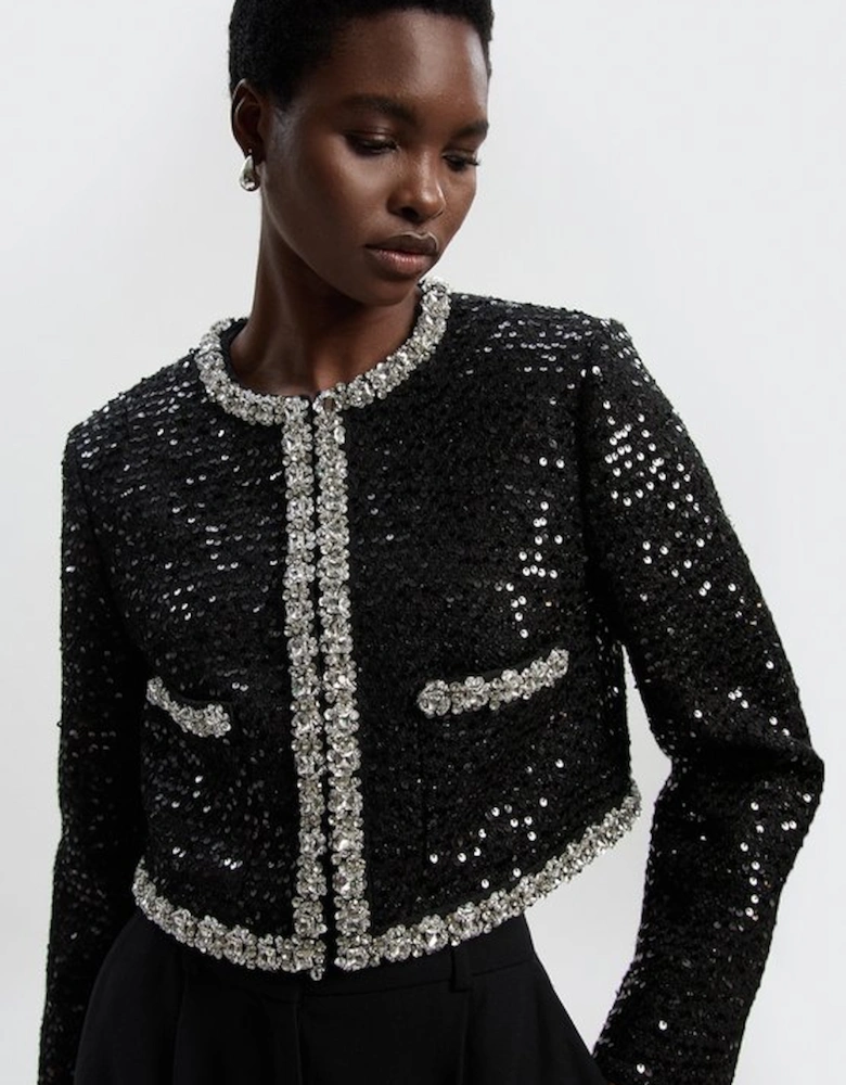 Petite Tailored Sequin Tweed Embellished Cropped Jacket