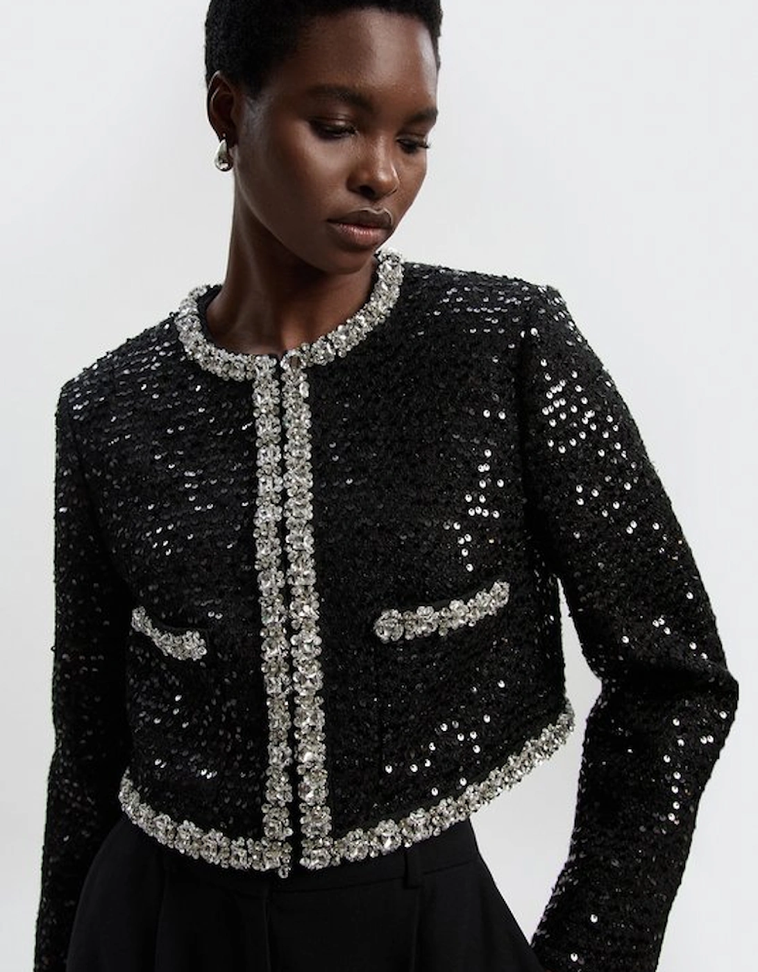 Petite Tailored Sequin Tweed Embellished Cropped Jacket