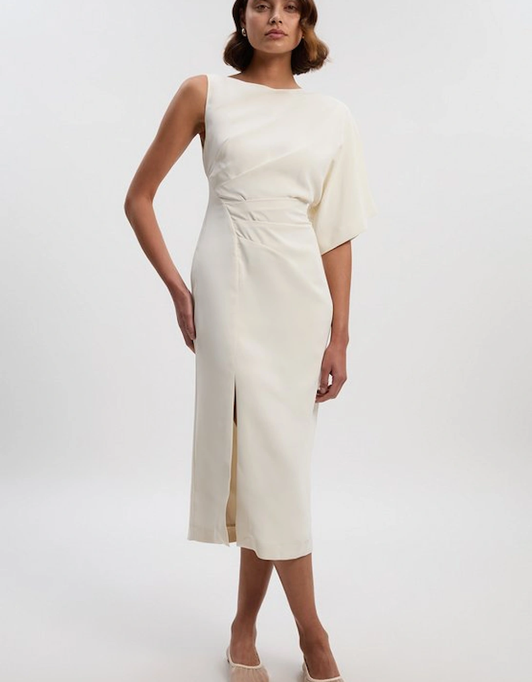 Soft Tailored Asymmetric Sleeve Midi Dress