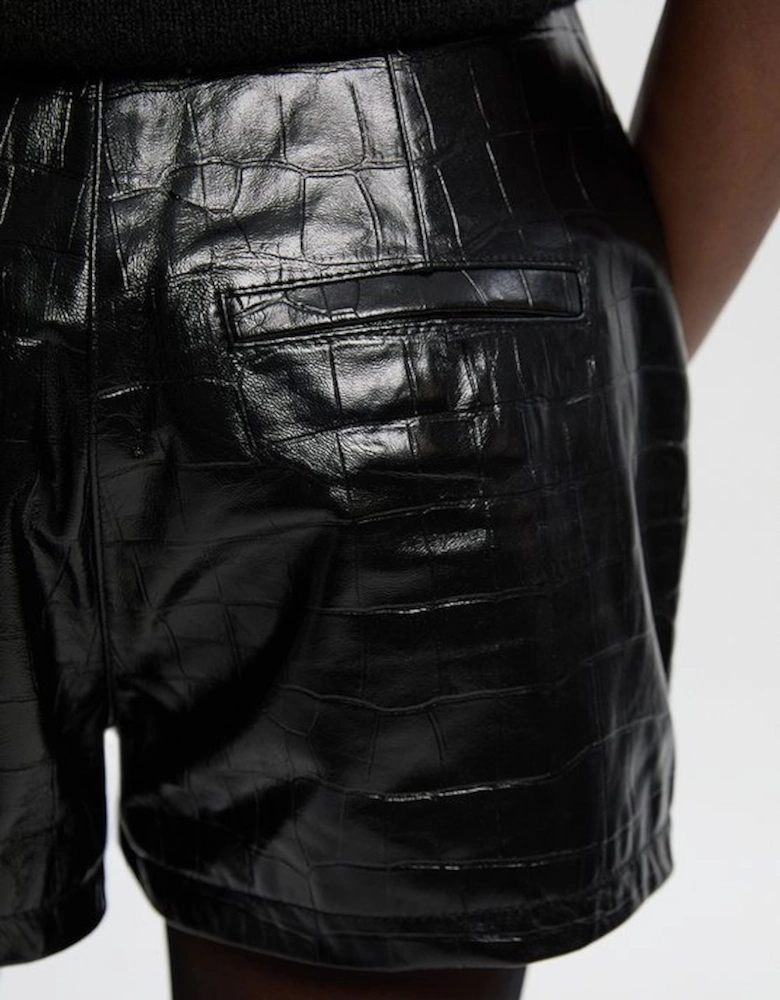 High Shine Croc Embossed Leather Mini Shorts