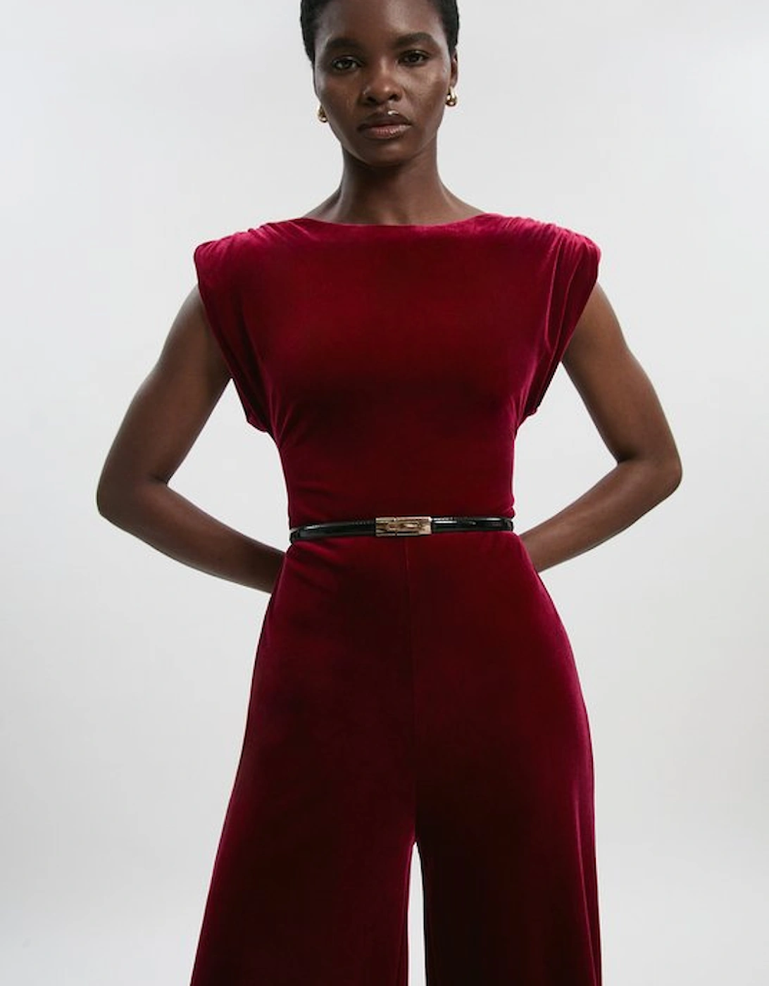 Stretch Velvet Strong Shoulder Jumpsuit