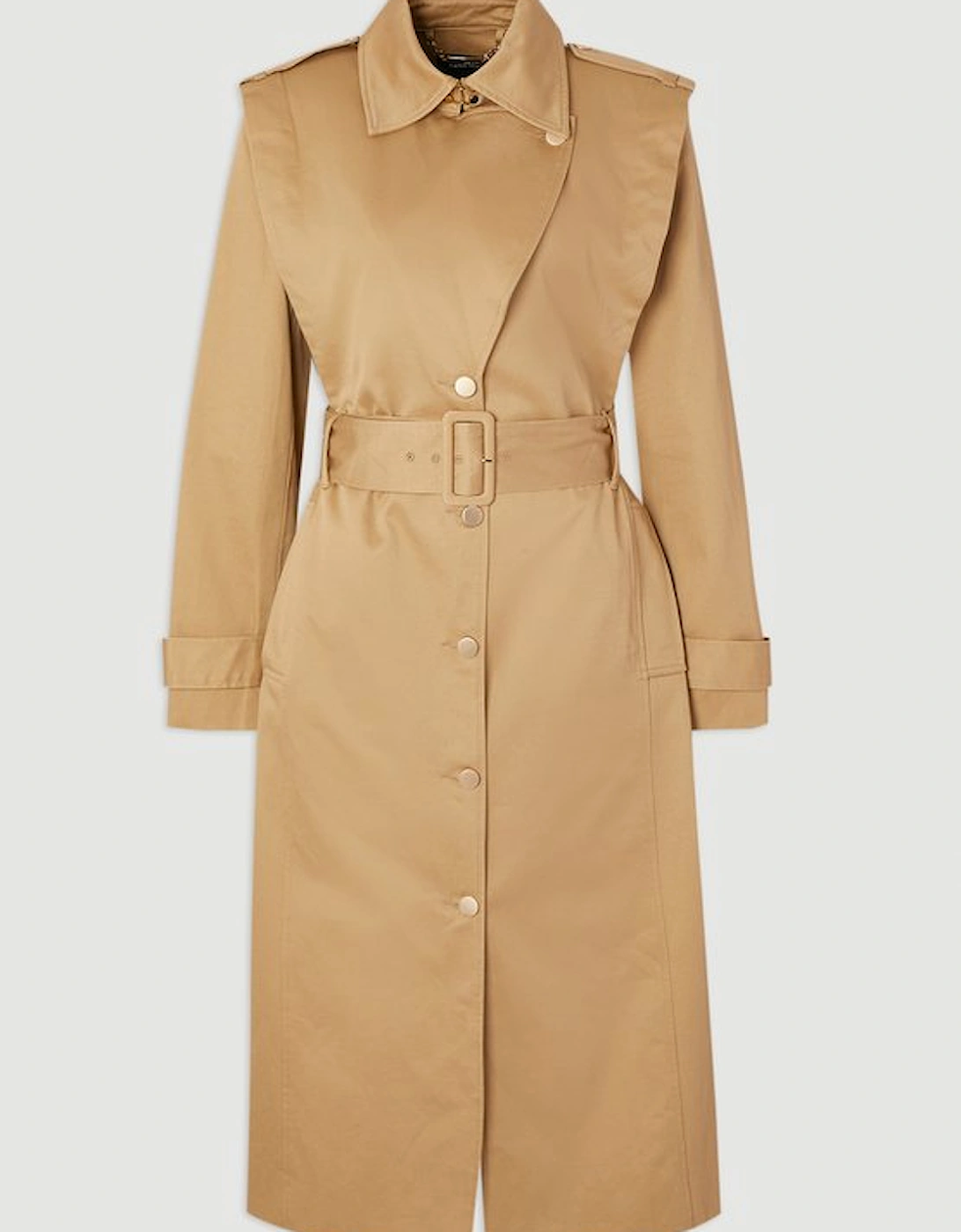 Strong Shoulder Belted Midi Trench Coat