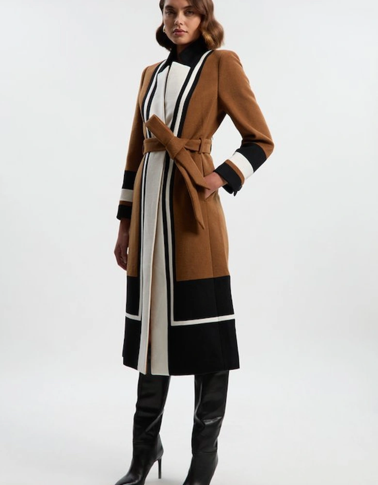 Brushed Wool Colour Block Tailored Belted Midi Coat