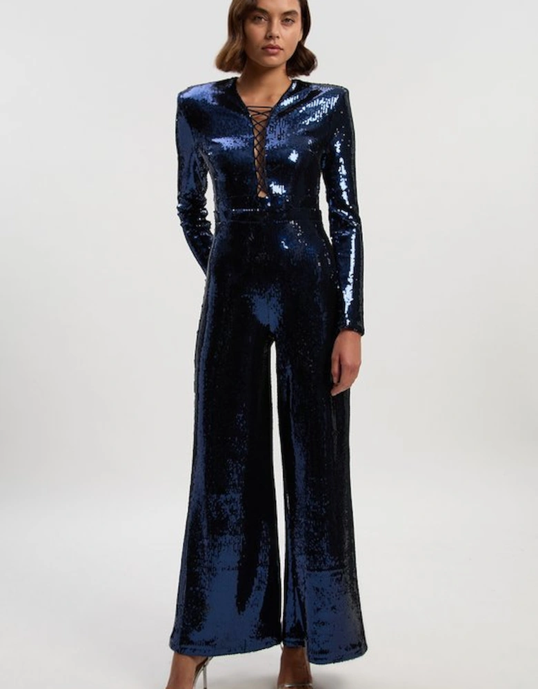 Petite Sequin Power Mesh Lace Up Detail Long Sleeve Jumpsuit