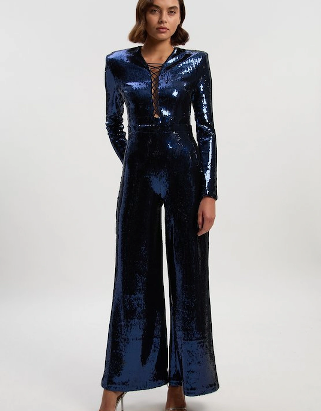 Petite Sequin Power Mesh Lace Up Detail Long Sleeve Jumpsuit
