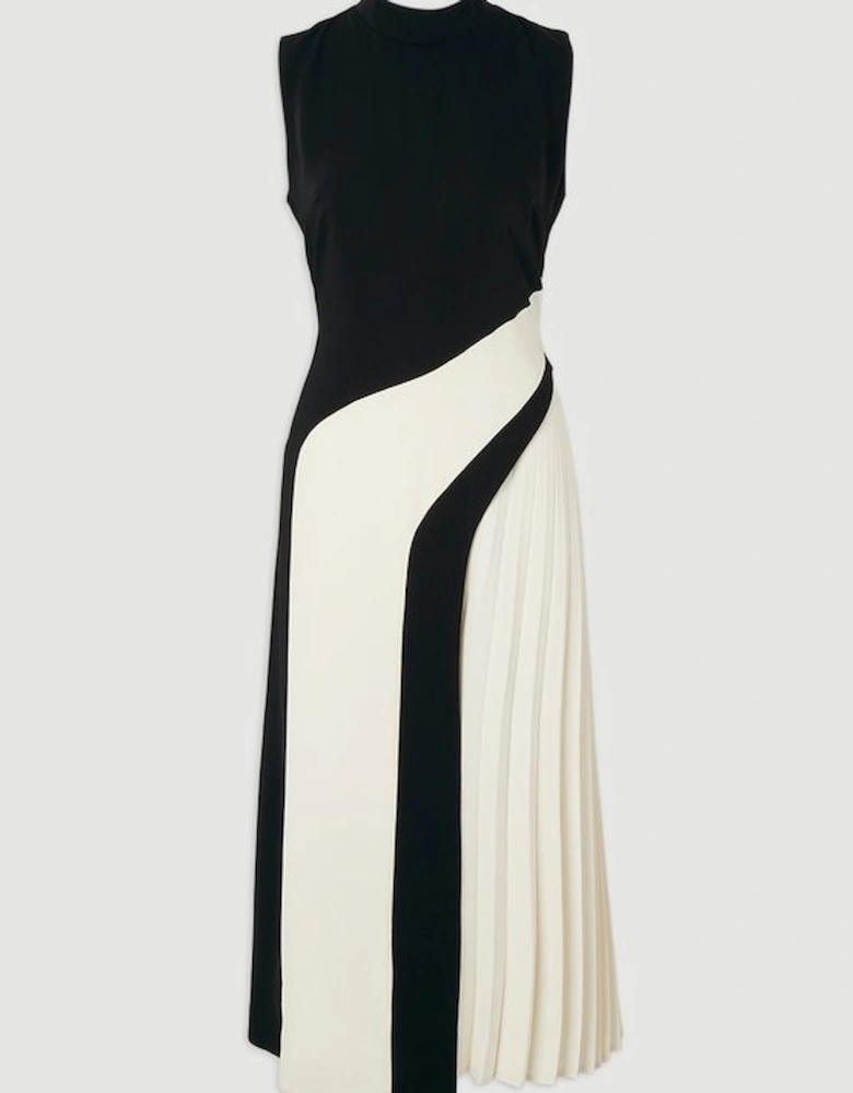 Soft Tailored Colour Block High Neck Pleated Midi Dress