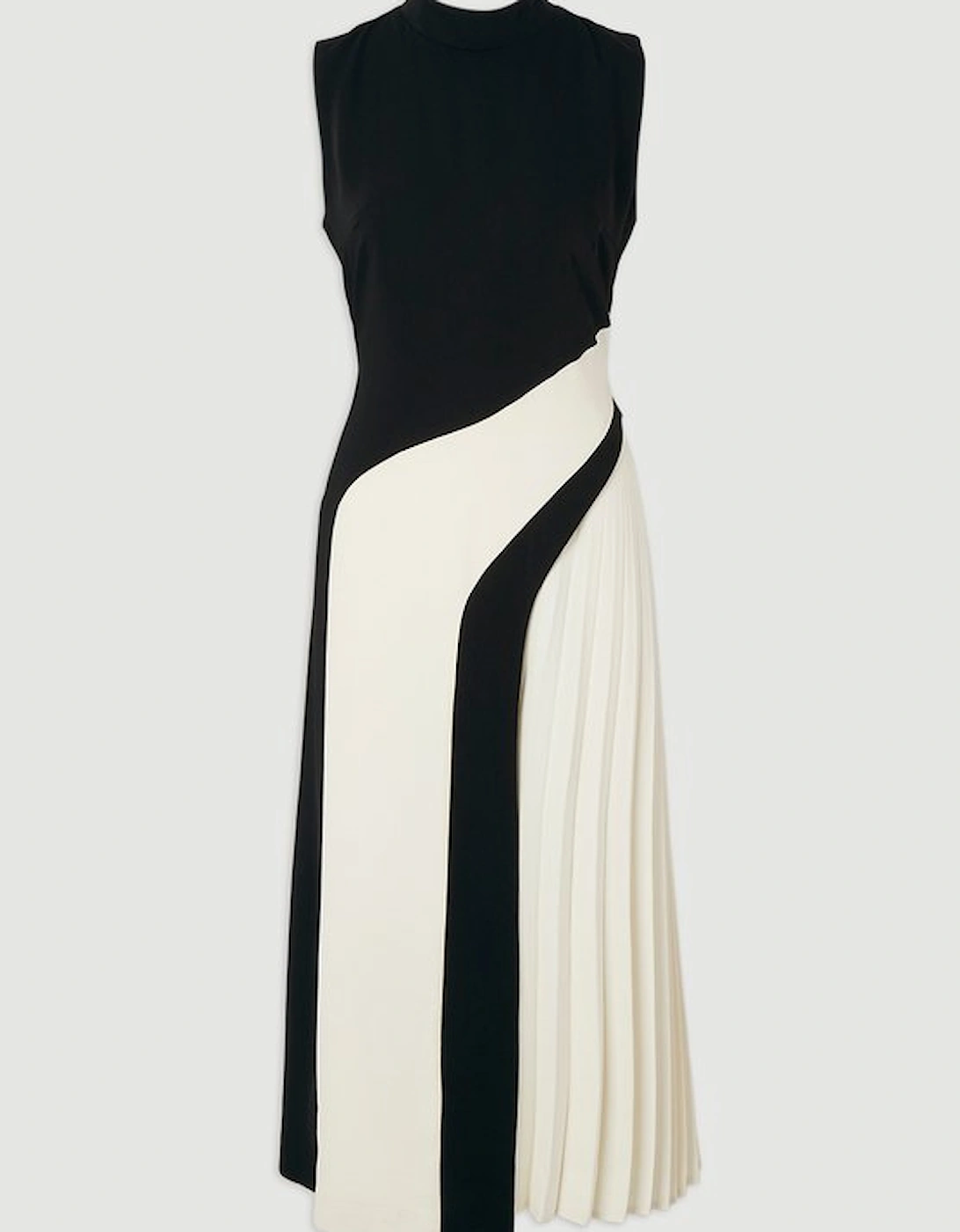 Soft Tailored Colour Block High Neck Pleated Midi Dress