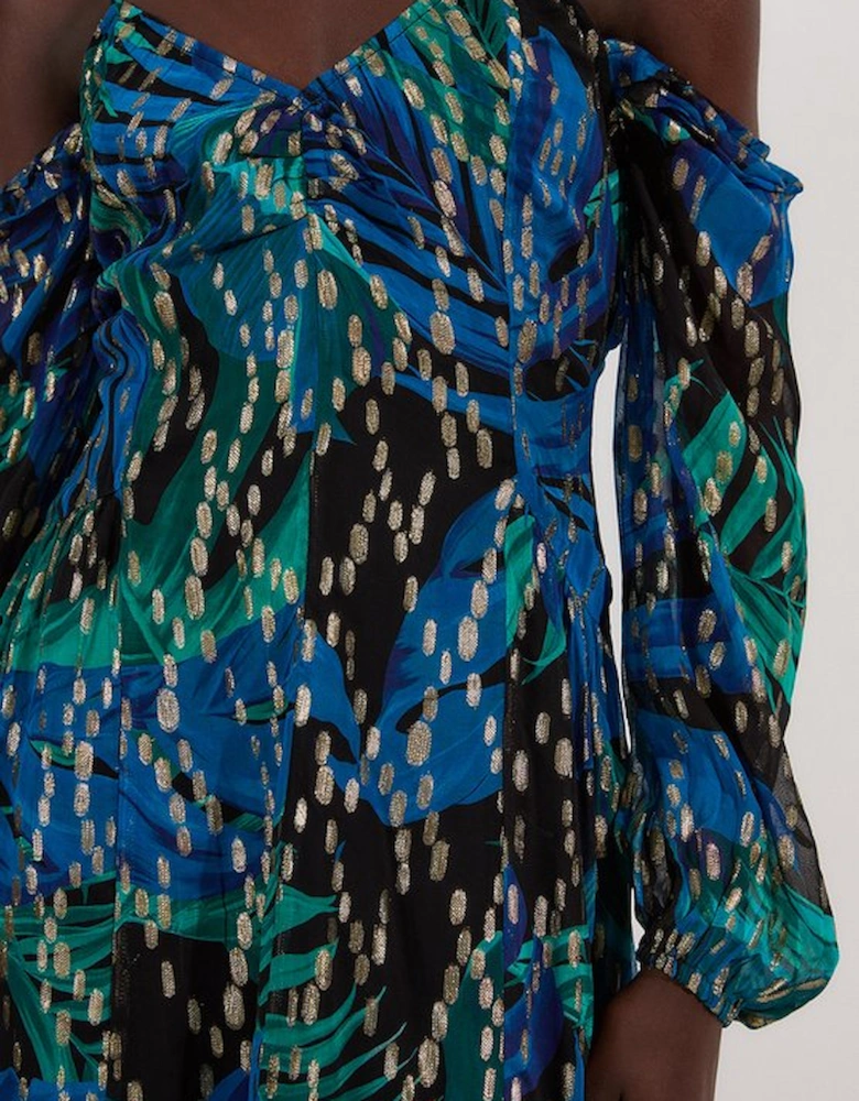 Viscose Metallic Palm Print Cold Shoulder Mini Dress