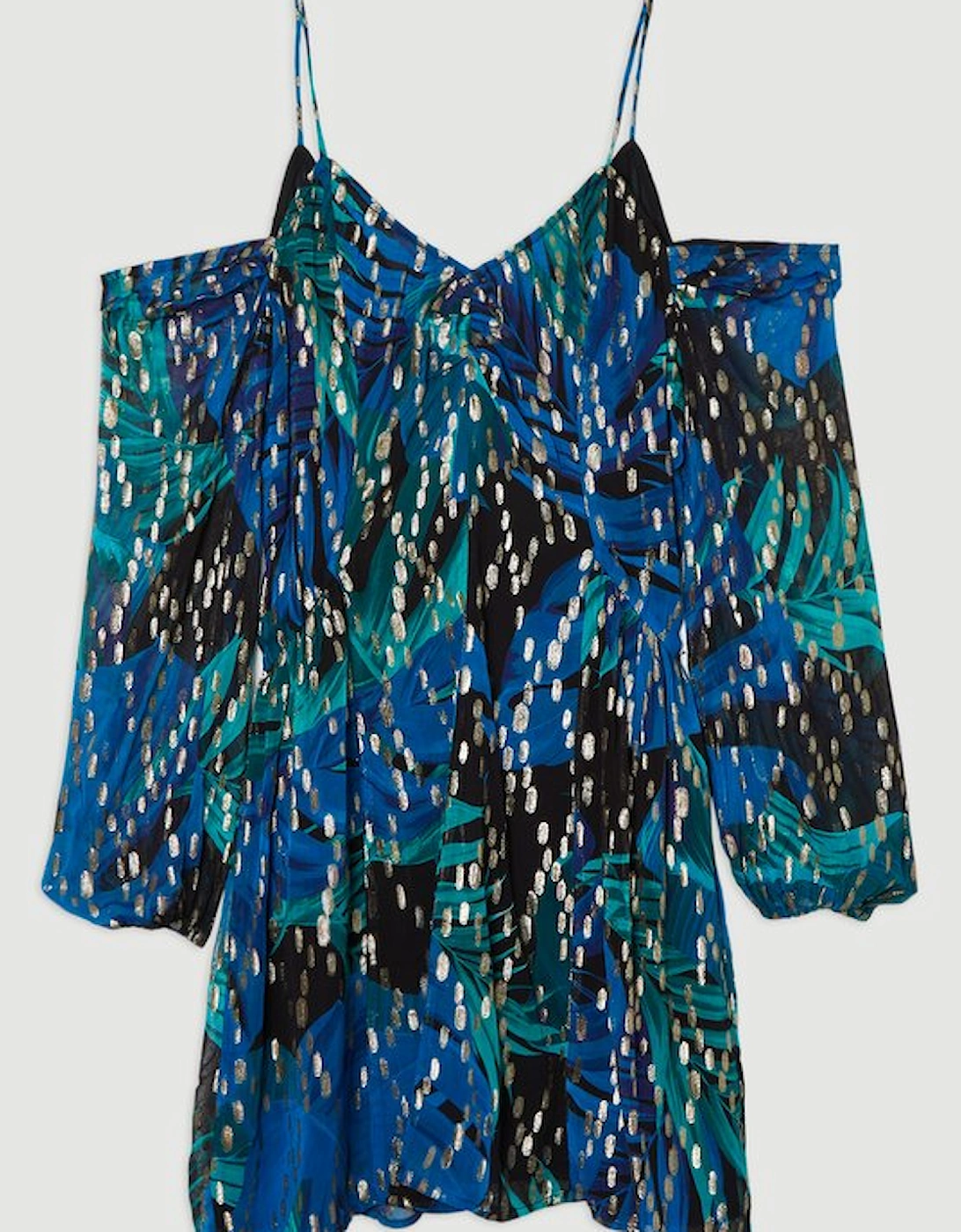 Viscose Metallic Palm Print Cold Shoulder Mini Dress