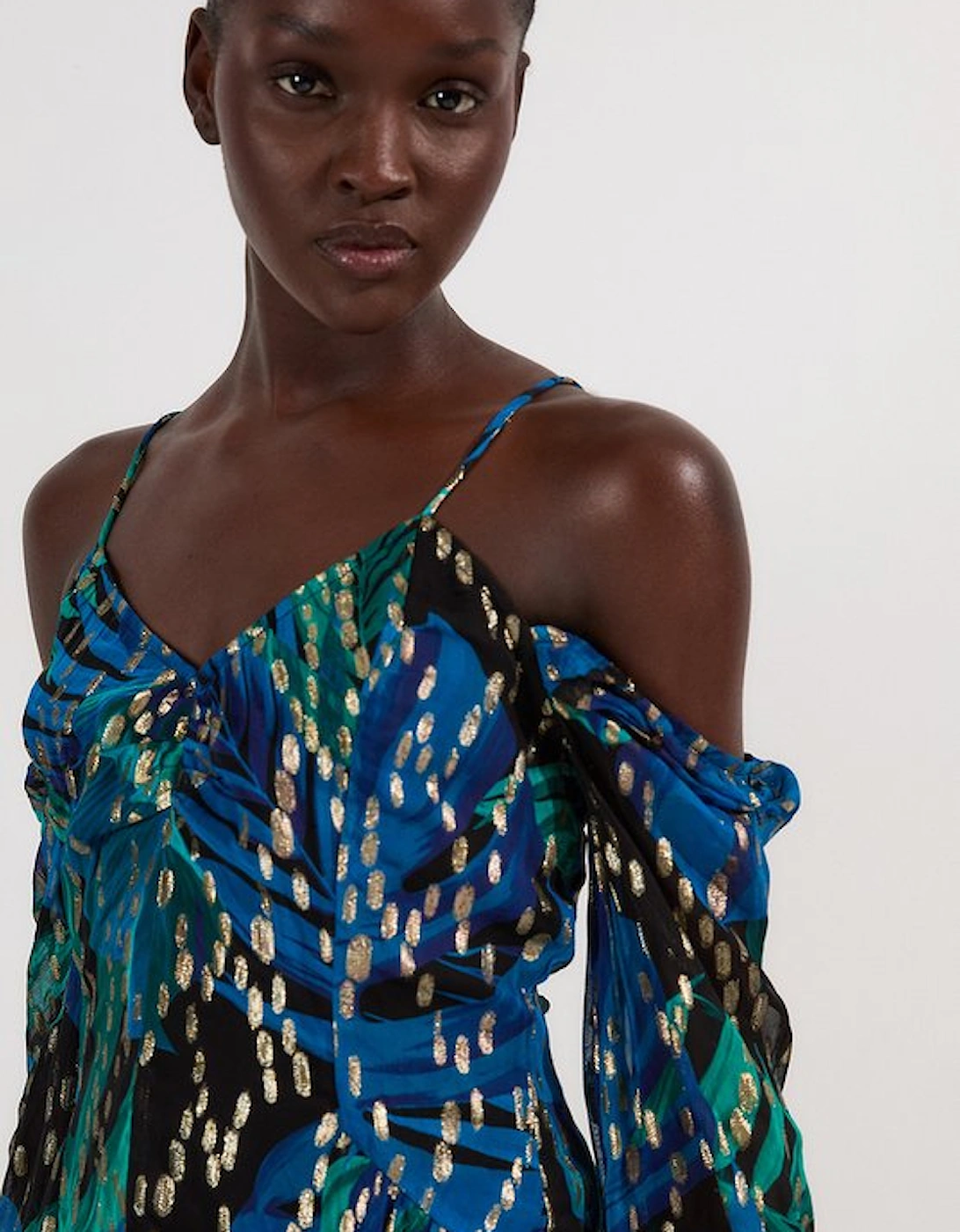 Viscose Metallic Palm Print Cold Shoulder Mini Dress