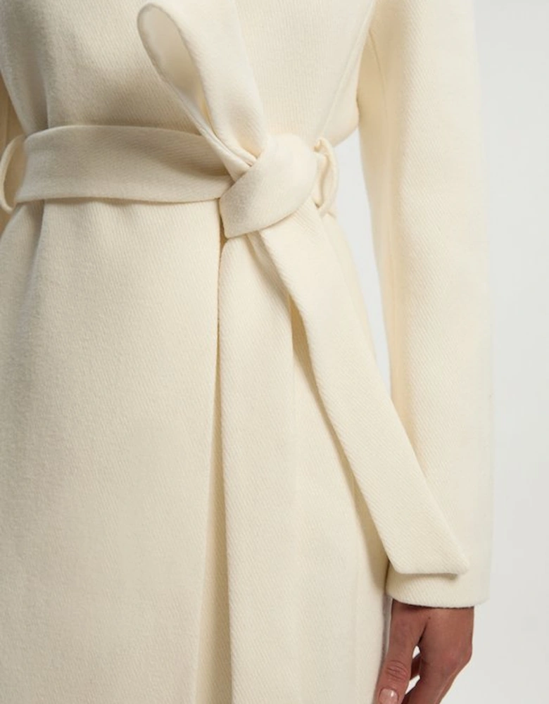 Brushed Wool Satin Mix Belted Wrap Neck Tailored Midi Coat