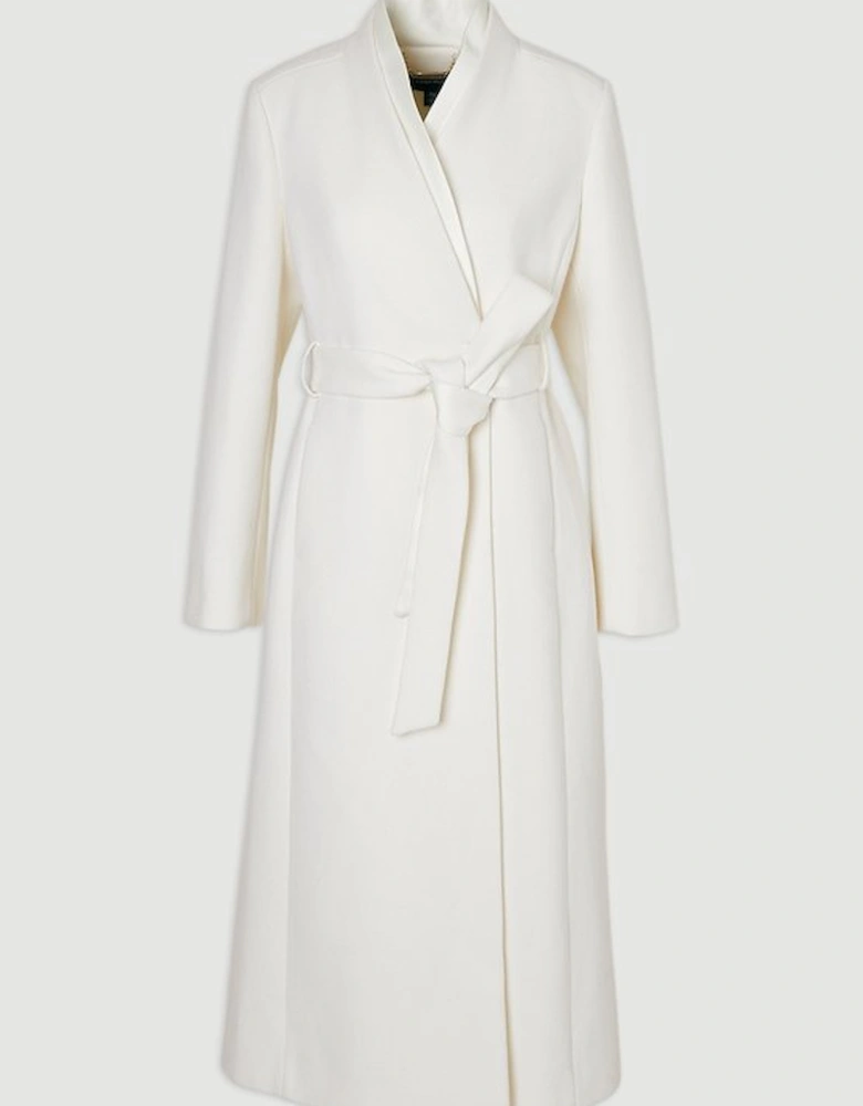 Brushed Wool Satin Mix Belted Wrap Neck Tailored Midi Coat