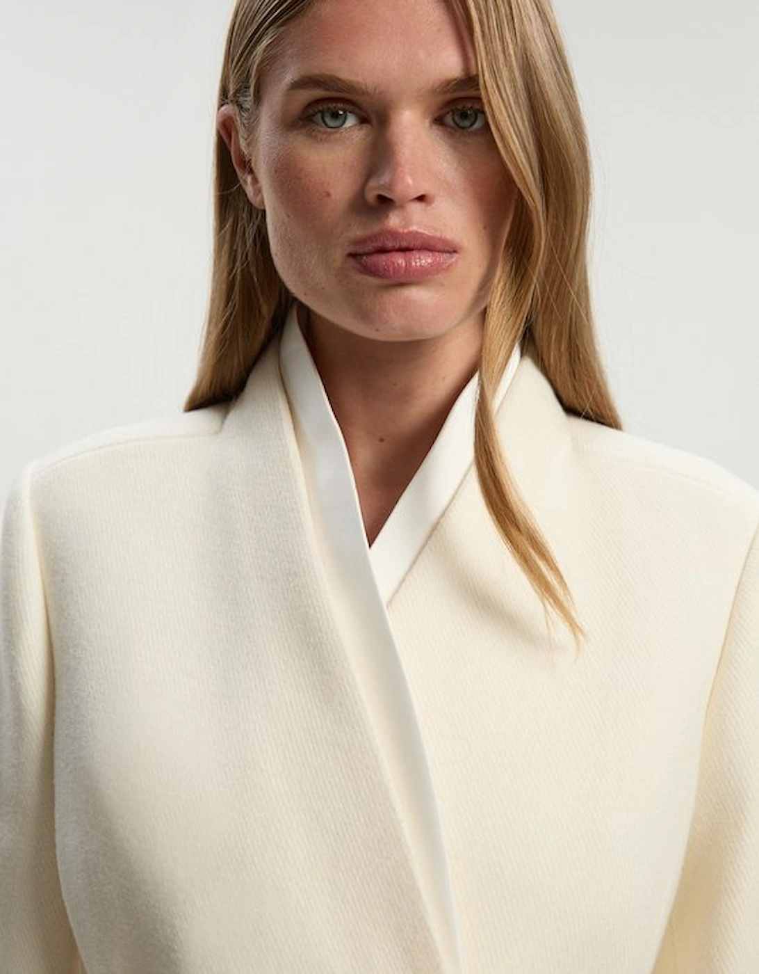 Brushed Wool Satin Mix Belted Wrap Neck Tailored Midi Coat