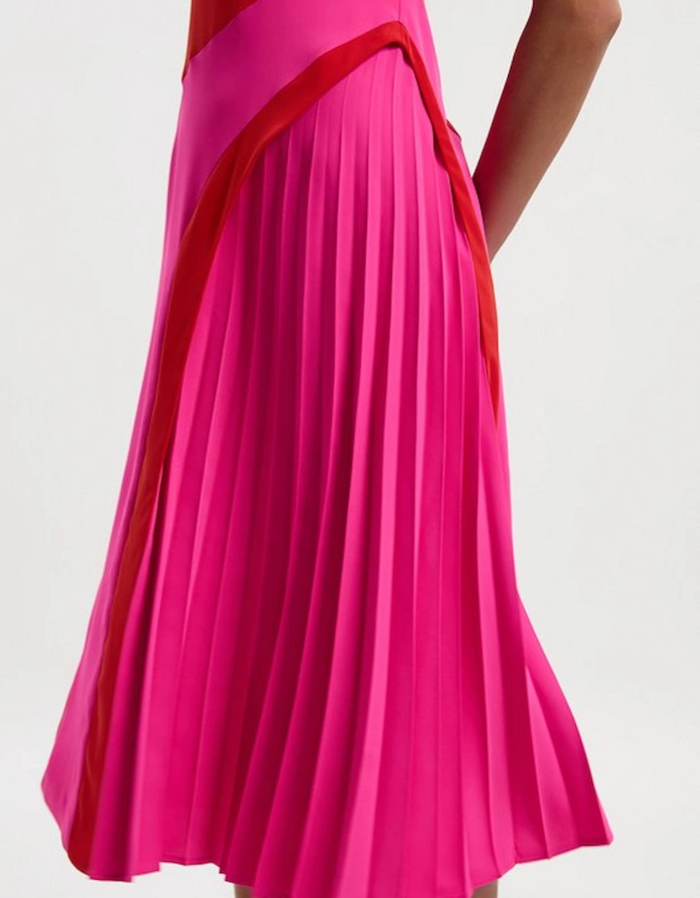 Soft Tailored Colour Block High Neck Pleated Midi Dress