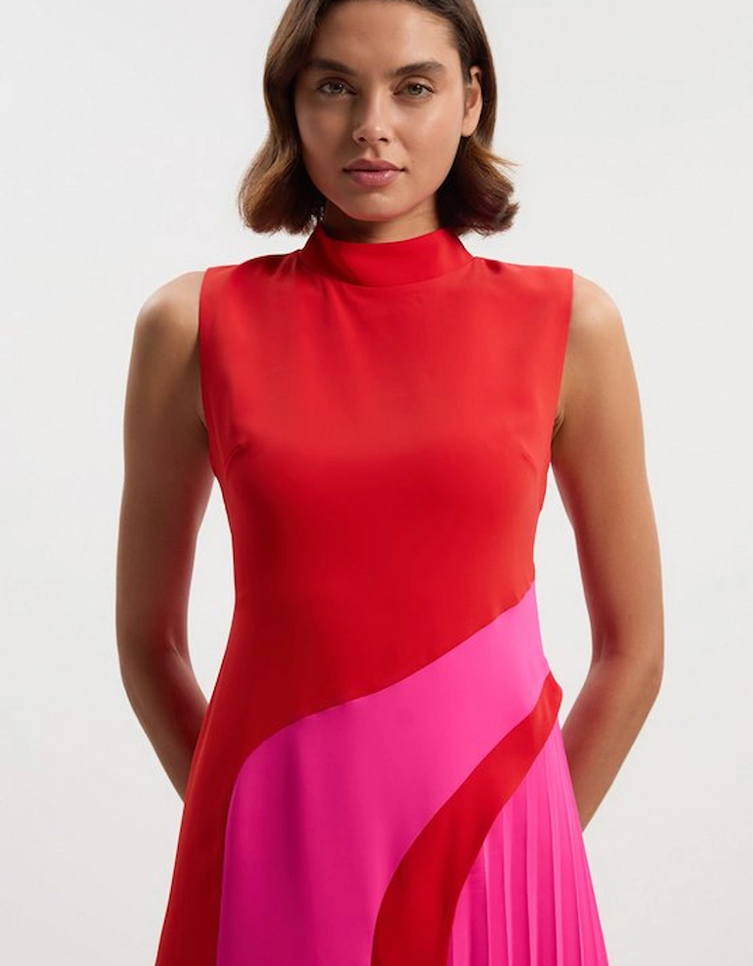 Soft Tailored Colour Block High Neck Pleated Midi Dress
