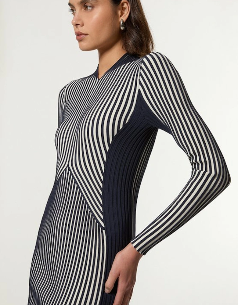 Petite Stripe Fitted Long Sleeve Knitted Midi Dress