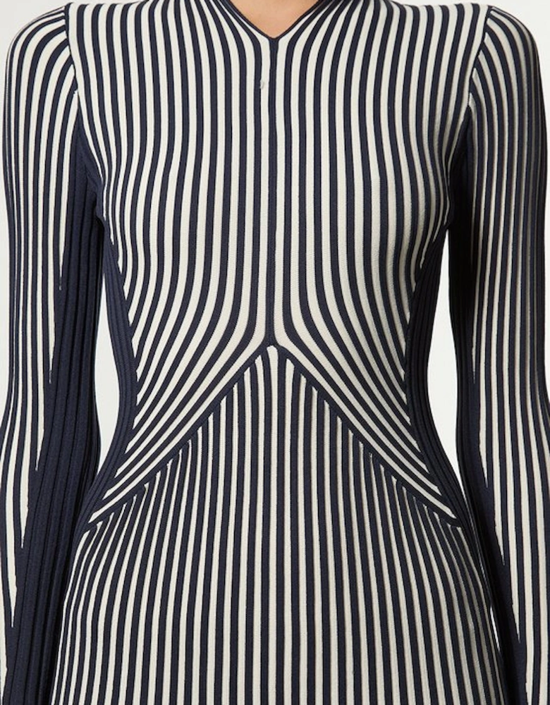 Petite Stripe Fitted Long Sleeve Knitted Midi Dress