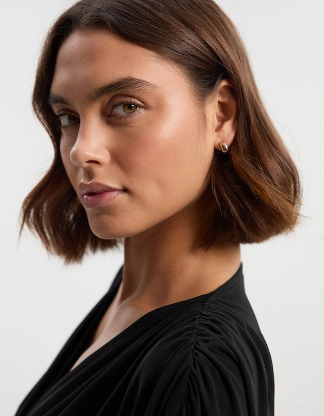 Stretch Drapey Crepe Ruched Plunge Neck Batwing Sleeve Bodysuit