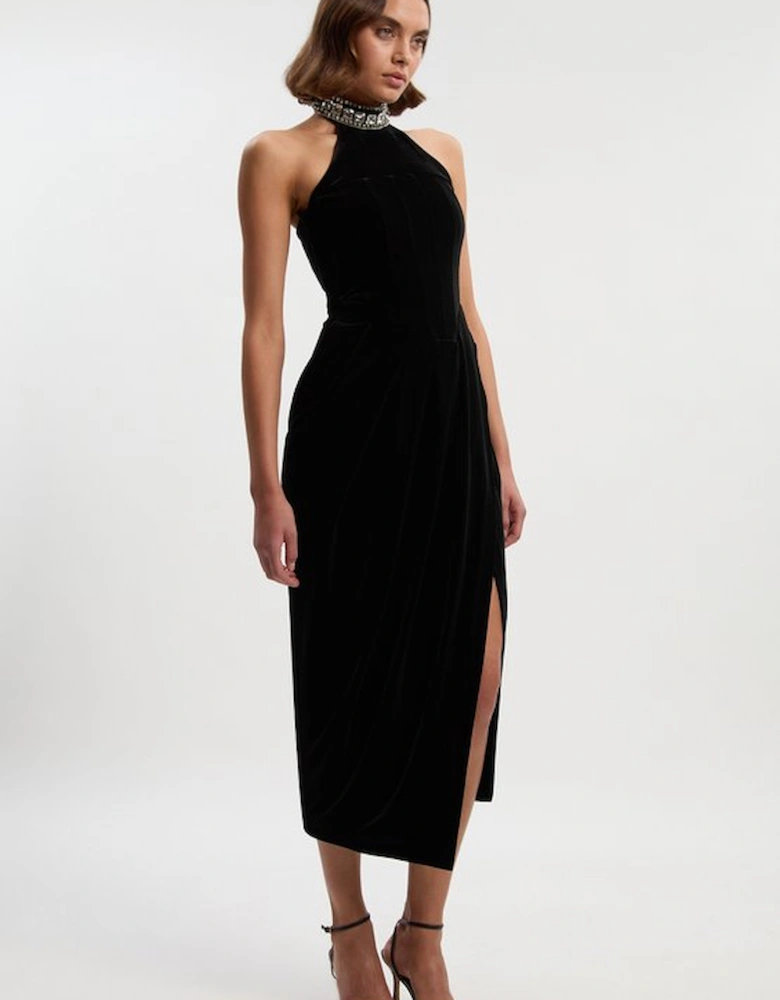 Tailored Velvet Halter Embellished Neck Midi Dress