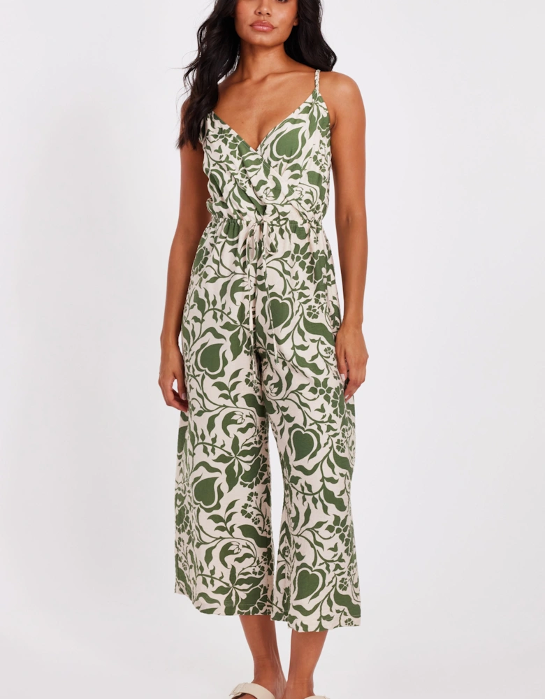 Khaki Tropical Print Jumpsuit