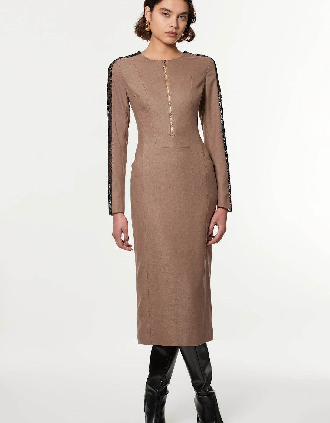 Tailored Twill Lace Mix Zip Front Midi Dress, 2 of 1