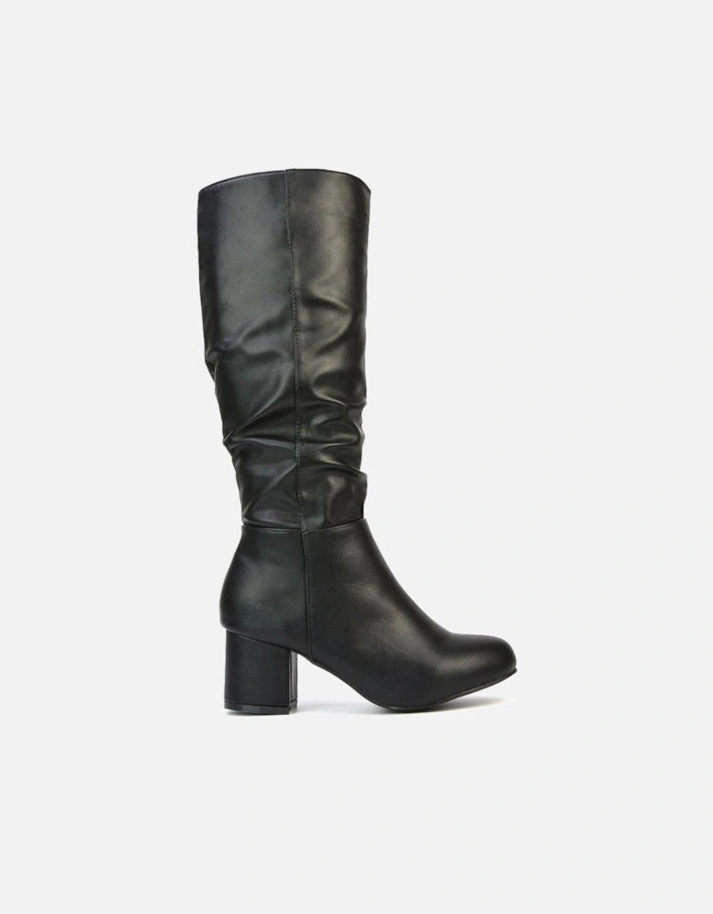 'Jackie' Ruched Mid Block High Heel Knee High Boots