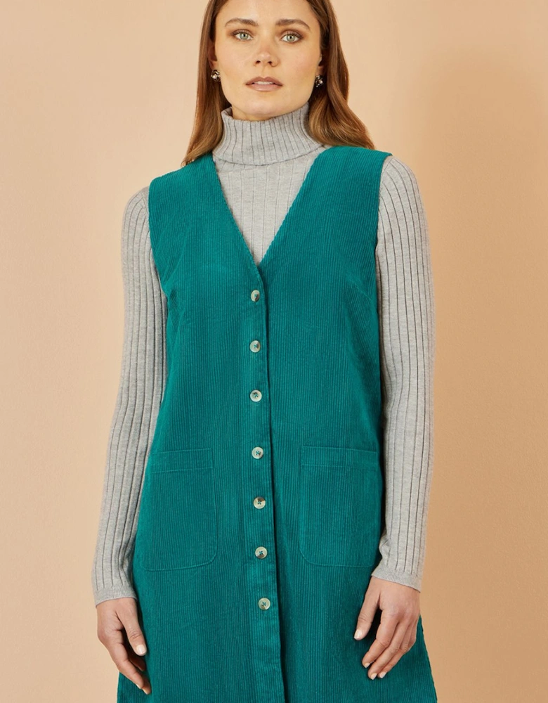 Teal Cord Button Through Pinafore Dress With Pockets