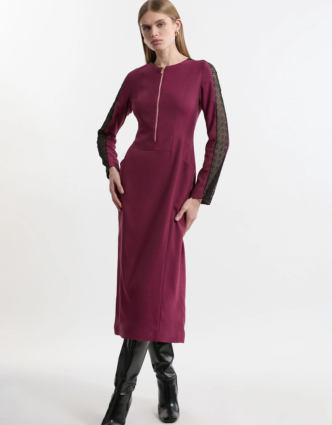 Tailored Twill Lace Mix Zip Front Midi Dress, 2 of 1