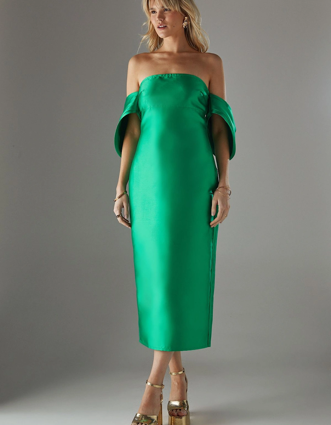 Structured Puff Sleeve Bardot Midi Dress, 2 of 1