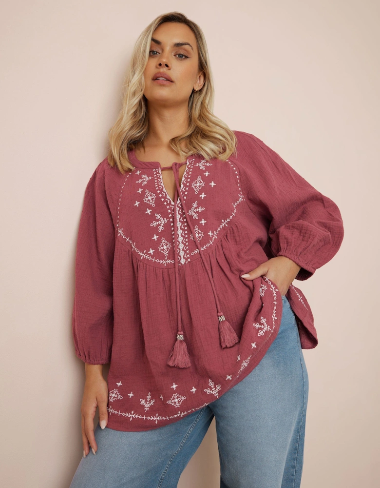 Embroidered Tie Neck Blouse