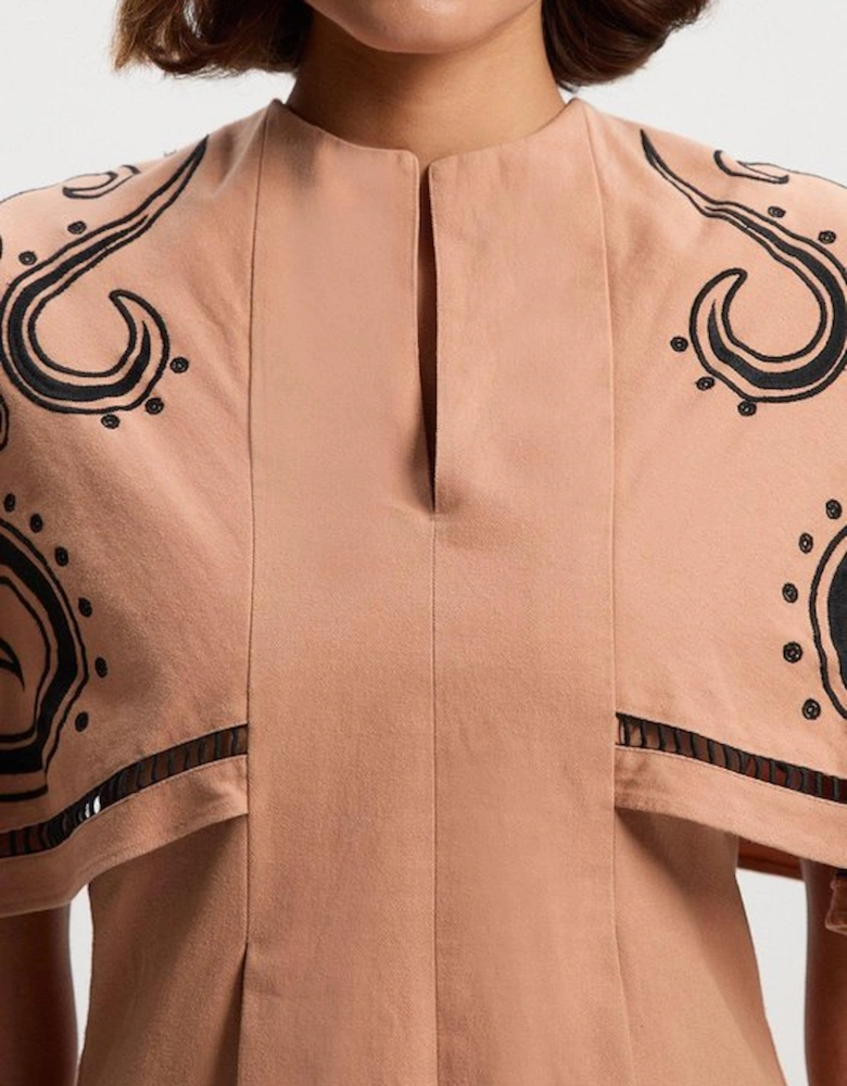 Petite Baroque Embroidered Cape Sleeve Woven Twill Top