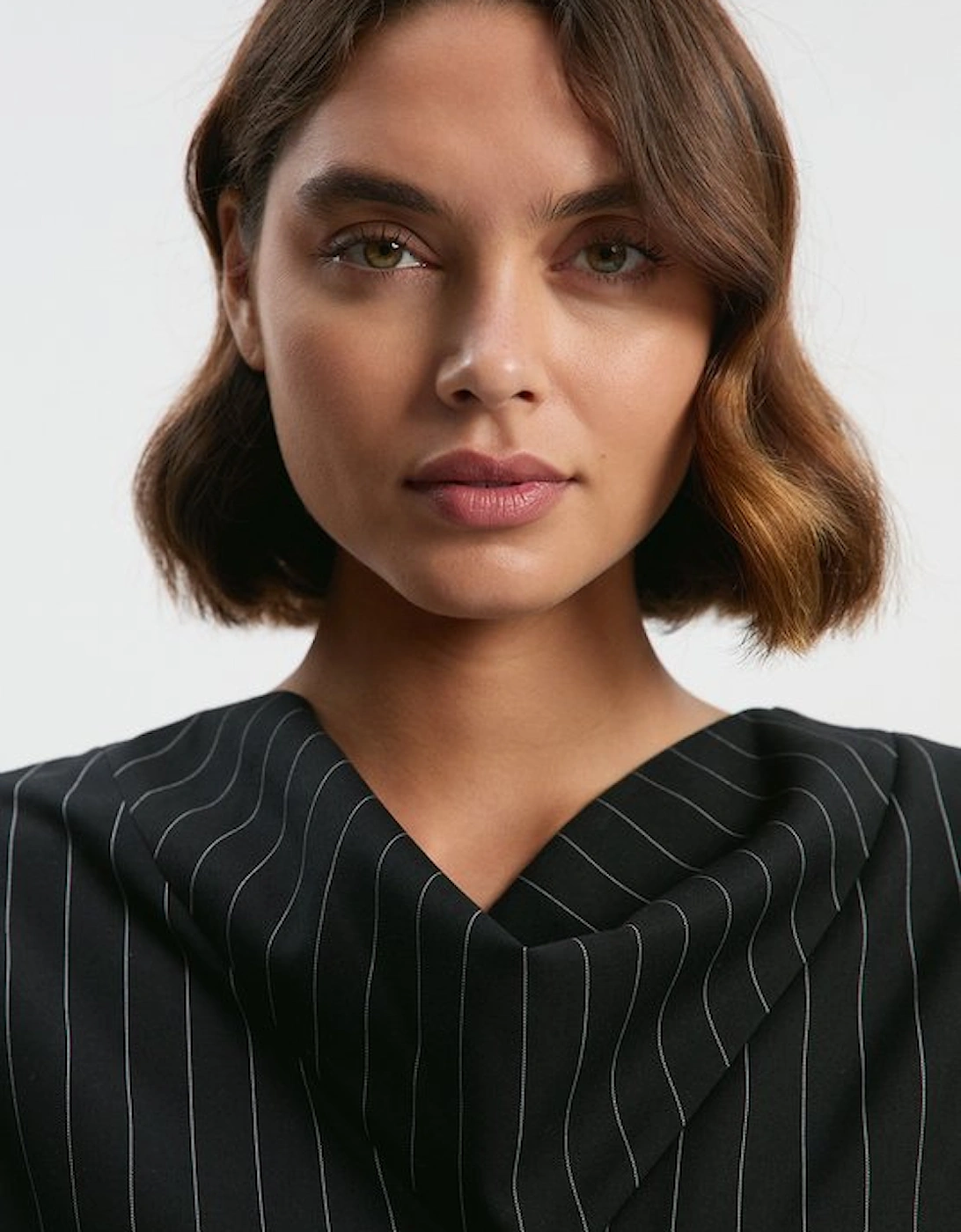 Pinstripe Cowl Neck Tailored Pencil Midi Dress